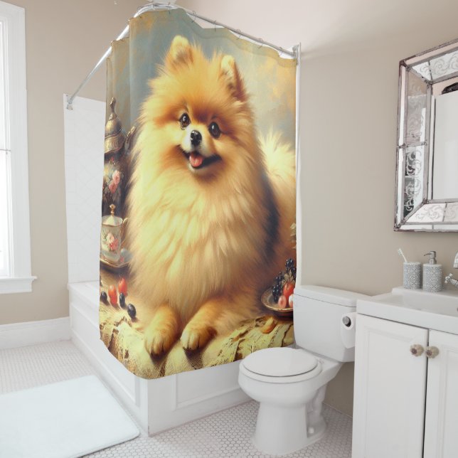 Vintage Pomeranian Dog Painting Shower Curtain (In Situ)
