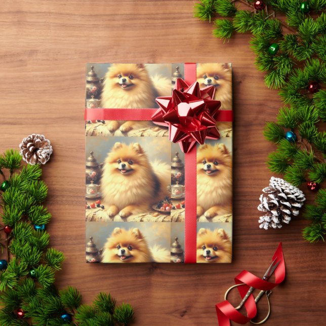 Vintage Pomeranian Dog Painting Wrapping Paper (Holiday Gift)