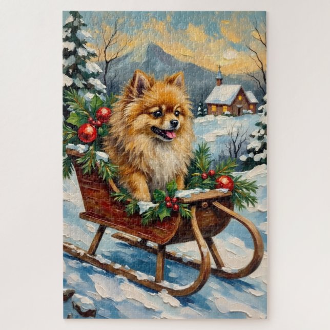 Vintage Pomeranian in Wooden Christmas Sleigh Jigsaw Puzzle (Vertical)