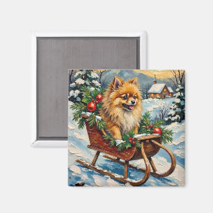 Vintage Pomeranian in Wooden Christmas Sleigh Magnet