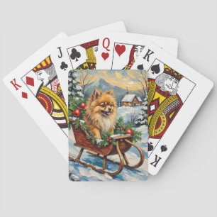 Vintage Pomeranian in Wooden Christmas Sleigh Playing Cards