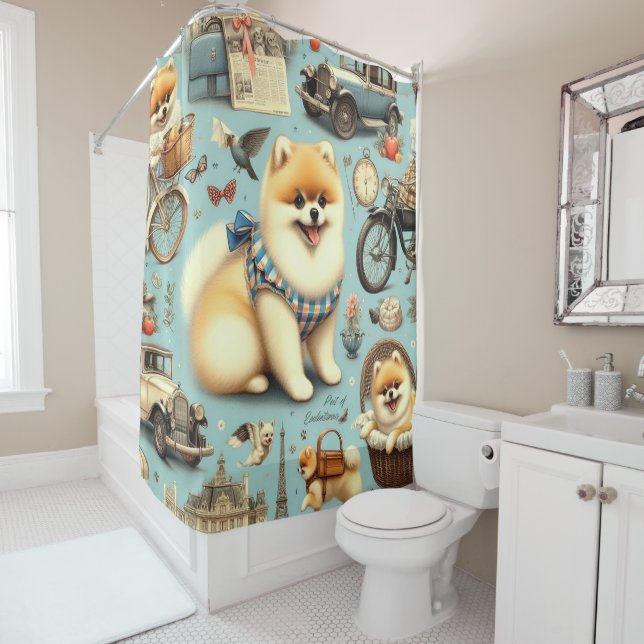 Vintage Pomeranian Seamless Illustration Shower Curtain (In Situ)