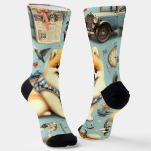Vintage Pomeranian Seamless Illustration Socks