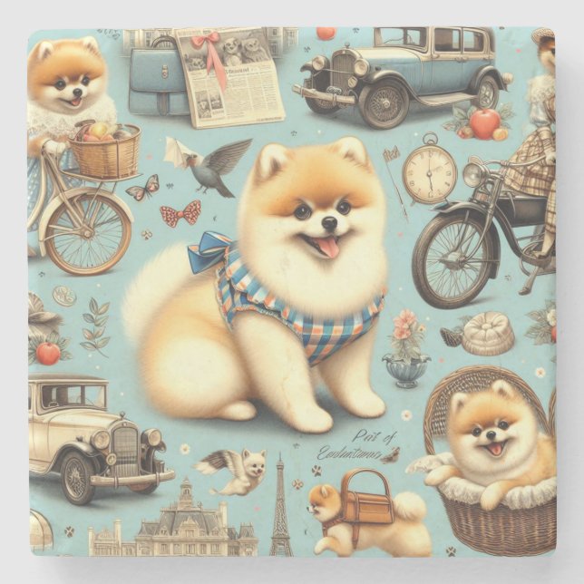 Vintage Pomeranian Seamless Illustration Stone Coaster (Front)