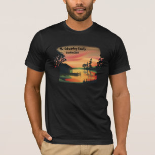 Vintage pond sunset pontoon escape green red T-Shirt