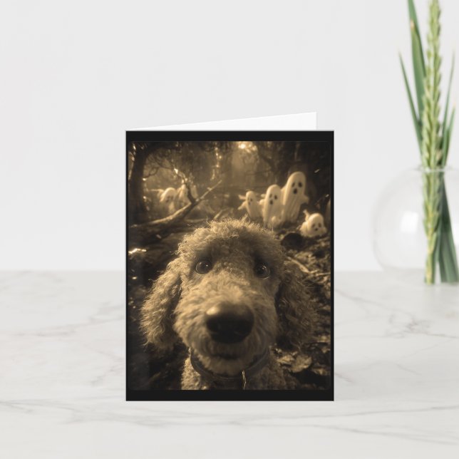 Vintage Poodle Selfie Ghosts Haunted Forest Card (Front)