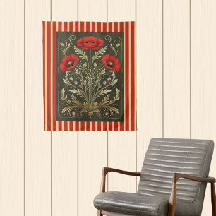 Vintage Poppies Art Nouveau Gold Red Striped Tapestry