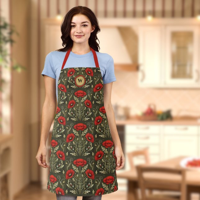 Vintage Poppies Gold Red Art Nouveau Monogram Apron (Creator Uploaded)