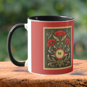 Vintage Poppies Gold Red Art Nouveau Monogram Mug