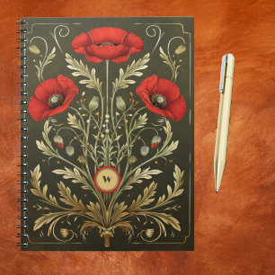 Vintage Poppies Gold Red Art Nouveau Monogram Notebook