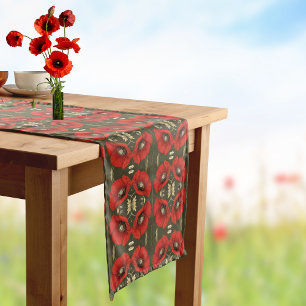 Vintage Poppies Gold Red Art Nouveau Pattern Short Table Runner