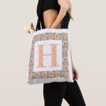 Vintage Poppies Monogram Peach Green Floral Wreath Tote Bag<br><div class="desc">Personalised Monogram Coral Poppies Tote Bag. Customise with an initial. Stylish modern typography initial in centre of an elegant & rustic square floral border / wreath. Trendy vintage style art nouveau poppy flowers and greenery in shades of burgundy wine red, dusty pink, coral peach, and sage/ olive green. Design was...</div>