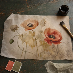 Vintage Poppies on Distressed Decoupage Tissue Paper