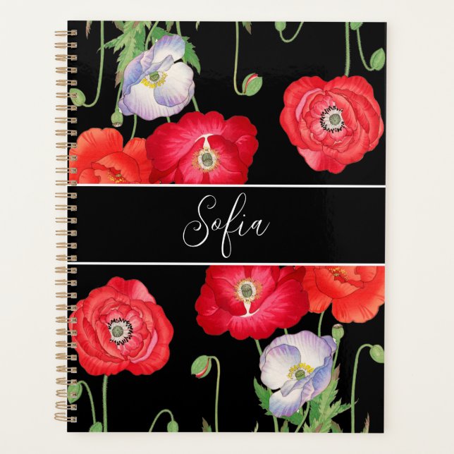 Vintage poppy flowers Monogrammed Floral Romantic Planner (Front)