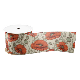 Vintage Poppy Flowers Satin Ribbon