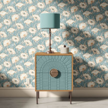 Vintage Poppy in cream aqua blue beige rust 