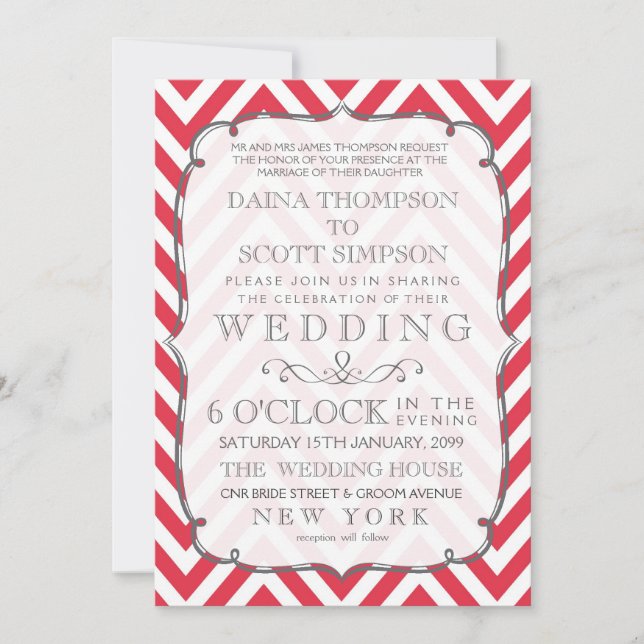 Vintage Poppy Red & White Chevron Stripes Wedding Invitation (Front)