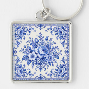 Vintage Porcelain Elegance Blue Floral  Key Ring