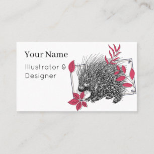 Vintage Porcupine & Magenta Botanical Art Business Card