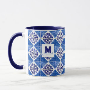 Vintage Porto Diamond Antique Portuguese Blue Mug