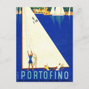 Vintage Portofino Blue Sea White Sailboats Tourism Postcard