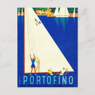Vintage Portofino Blue Sea White Sailboats Tourism Postcard