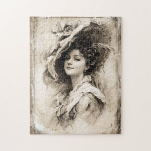 Vintage Portrait of a Lady With Elegant Hat Jigsaw Puzzle
