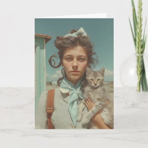 Vintage Portrait of Girl Holding Kitten Card