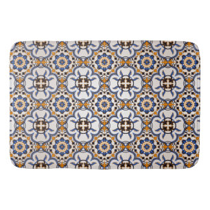 Vintage Portuguese Azulejo Blue Yellow Pattern Bath Mat