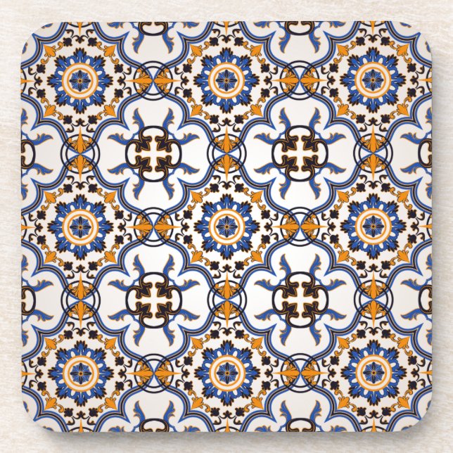Vintage Portuguese Azulejo Blue Yellow Pattern Coaster (Front)