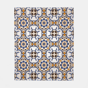 Vintage Portuguese Azulejo Blue Yellow Pattern Fleece Blanket