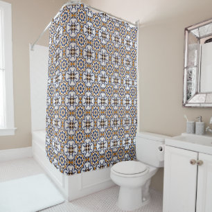 Vintage Portuguese Azulejo Blue Yellow Pattern Shower Curtain