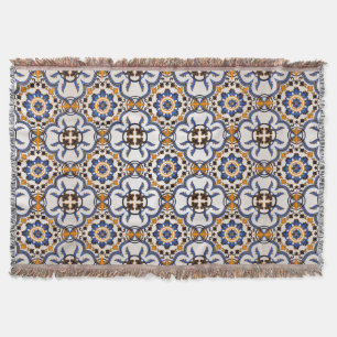 Vintage Portuguese Azulejo Blue Yellow Pattern Throw Blanket