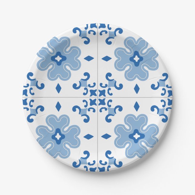 Vintage Portuguese Azulejo Tile Pattern Paper Plate (Front)