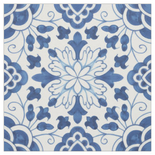 Vintage Portuguese Blue Azulejos Tile Pattern Fabric