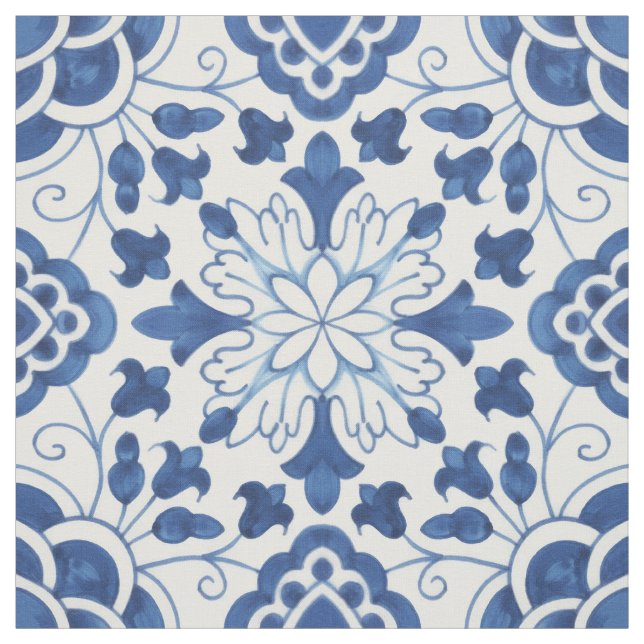 Vintage Portuguese Blue Azulejos Tile Pattern Fabric (Swatch)