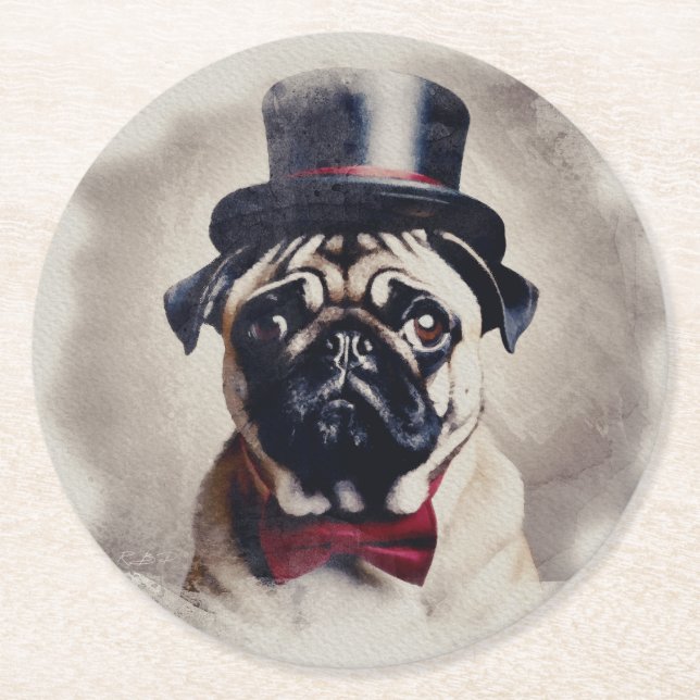 Vintage Posh Pug Portrait Round Paper Coaster (Front)
