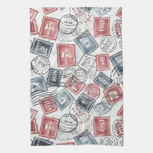 Vintage Postage Stamp Collage Pattern (1) Tea Towel