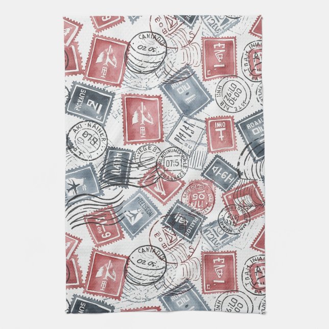 Vintage Postage Stamp Collage Pattern (1) Tea Towel (Vertical)