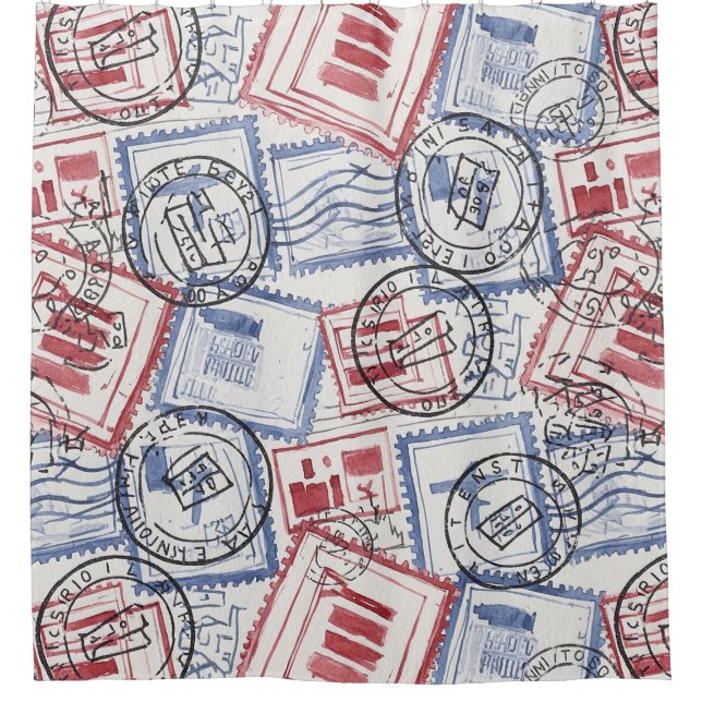 Vintage Postage Stamp Collage Pattern (2) Shower Curtain (Front)