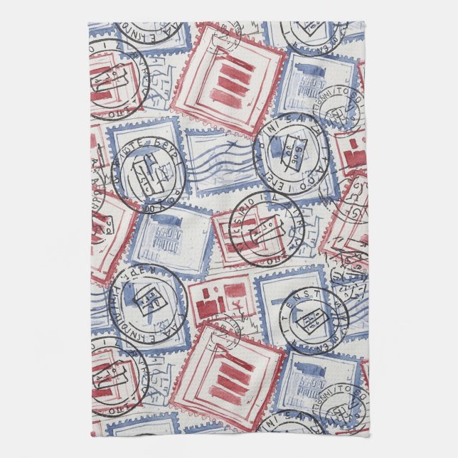 Vintage Postage Stamp Collage Pattern (2) Tea Towel (Vertical)