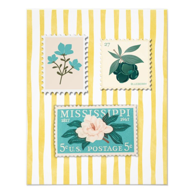 Vintage Postage Stamp Kitchen Print | Retro Blue  (Front)
