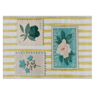 Vintage Postage Stamp Kitchen Print | Retro Blue Cutting Board