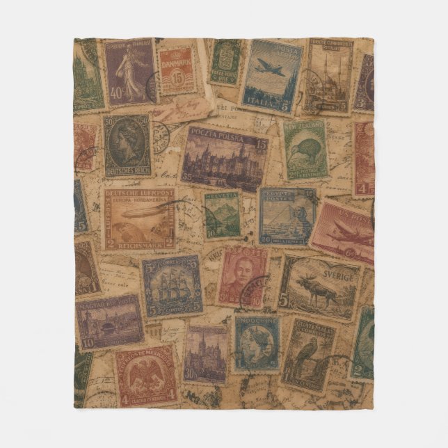 Vintage Postage Stamp Philatelic Ephemera Fleece Blanket (Front)