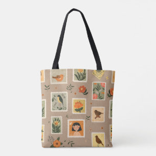 Vintage Postage Stamp Tote Bag – Floral & Bird