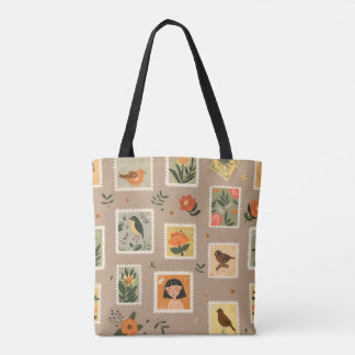 Vintage Postage Stamp Tote Bag – Floral & Bird
