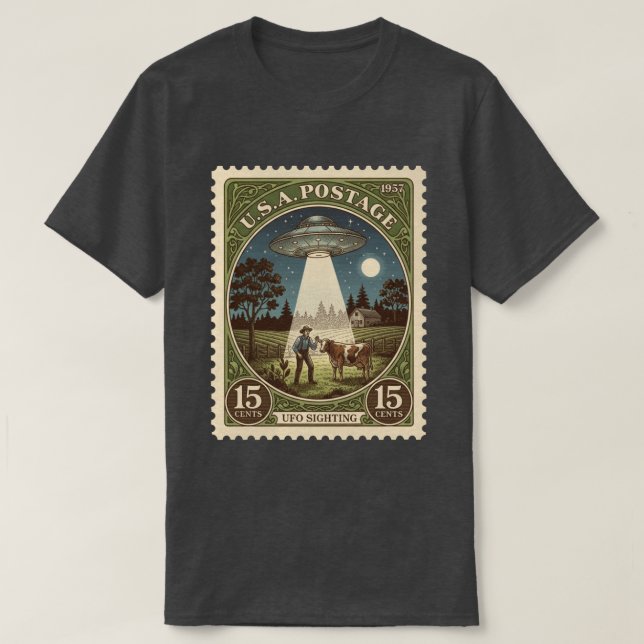 Vintage Postage Stamp UFO T-Shirt (Design Front)