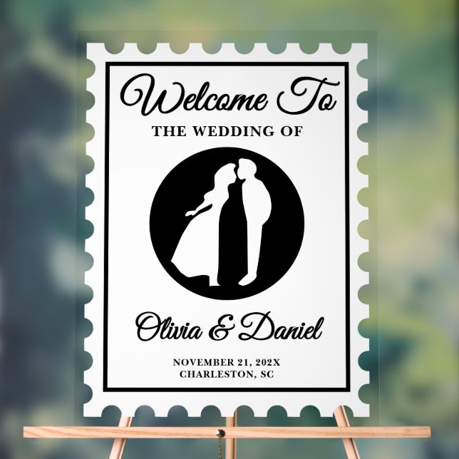 Vintage Postage Stamp Wedding Welcome Acrylic Sign (Neutral)