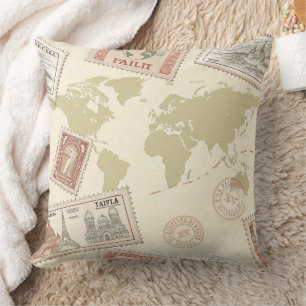 Vintage Postage Stamp World Map Travel (1) Cushion