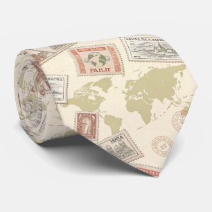 Vintage Postage Stamp World Map Travel (1) Tie